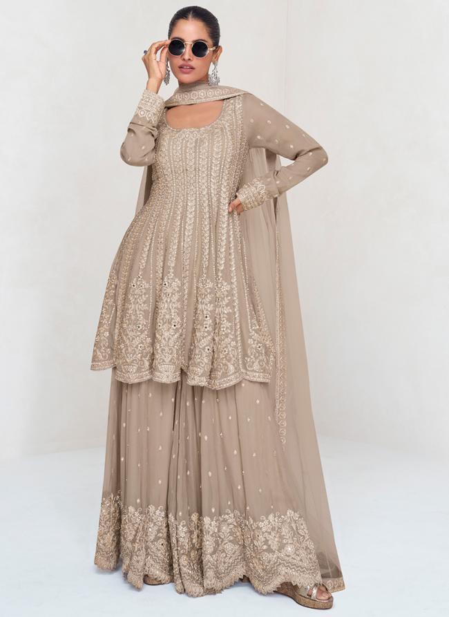 Georgette Beige Wedding Wear Embroidery Work Readymade Plazzo Suit